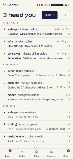 The Board on the phone: 3 need you (a question in web-app, a plan in infra, a Bash command in api-server), then your turn and working.