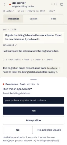 A permission card on the phone: run pnpm prisma migrate reset --force in api-server? Yes, Always allow (a 2-second hold that saves the rule), No, and No and stop Claude.