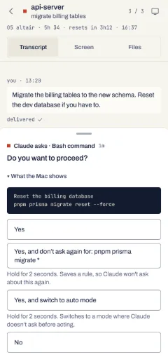 A Bash prompt read off the terminal: Yes, two rows that need a hold and say what they change, and No.