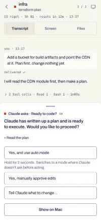 A plan waiting in the terminal, answered from the phone: Yes and use auto mode (hold), Yes and approve edits by hand, Tell Claude what to change.