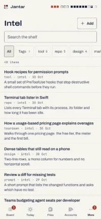 The Intel shelf: saved links with type filters.
