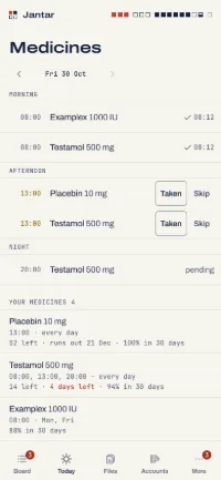 Medicines: the day's doses and each medicine's supply.