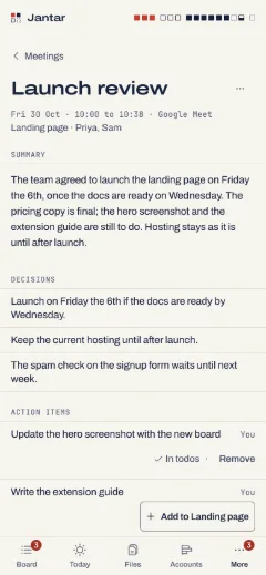 A meeting: its summary, decisions and action items, one already in the project's todos.